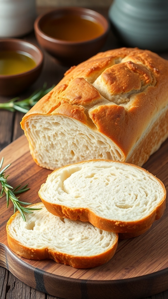 Gluten-Free Air Fryer Bread Recipe A golden brown loaf of gluten-free bread sliced on a wooden board, with a rustic kitchen backdrop.
